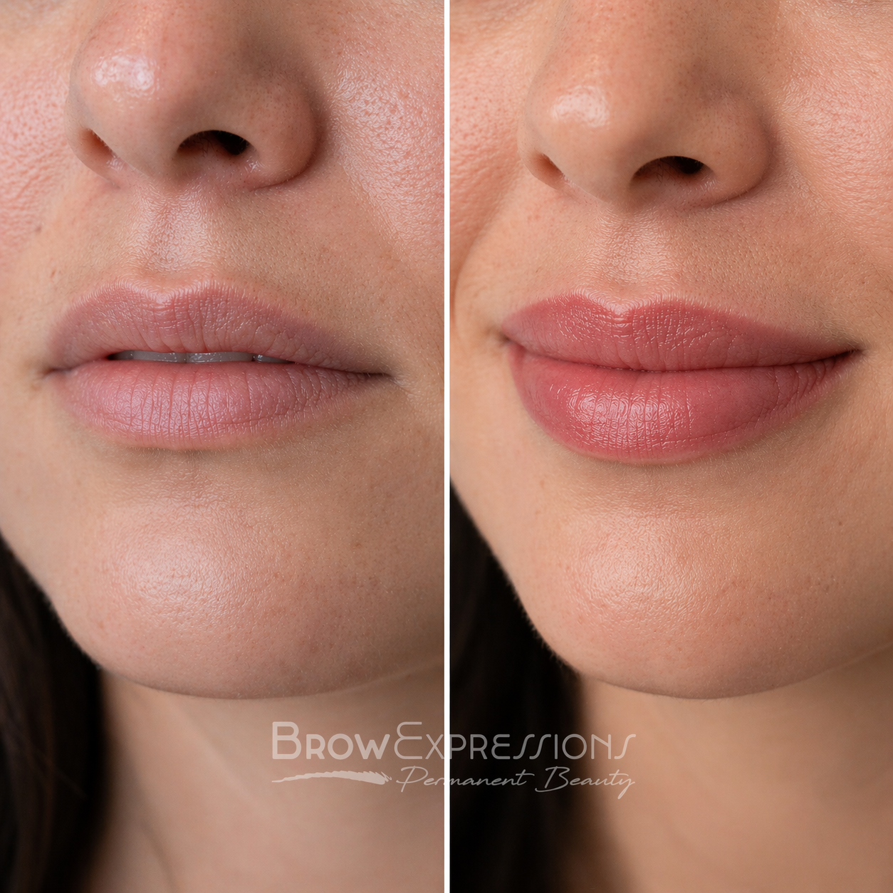 Lip blush side-by-side transformation — natural rosy color by Brow Expressions Prescott