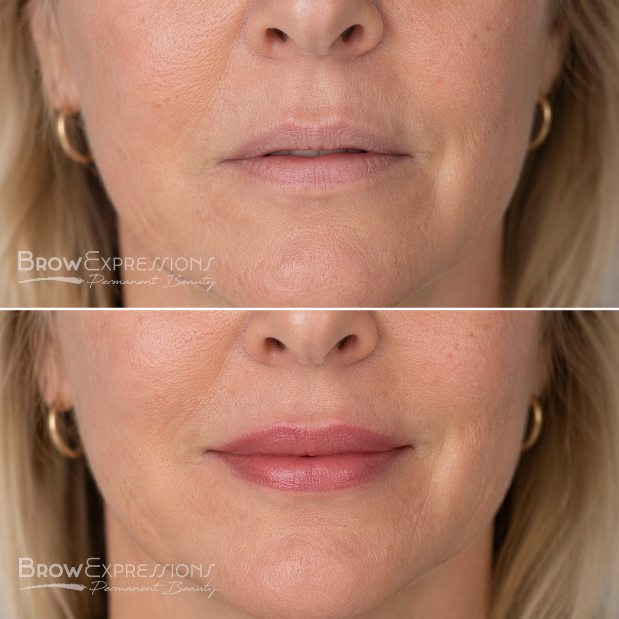 Lip blush before and after on mature skin — natural pink lip color by Brow Expressions Prescott AZ