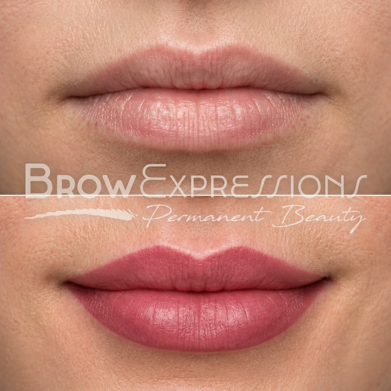 Lip blush close-up before and after — rich rosy permanent lip color by Brow Expressions Prescott AZ
